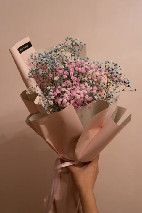 Hand holding tinted baby's breath wrapped in blush kraft paper