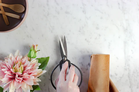 Dahlia, flower shears and kraft paper on a marble table