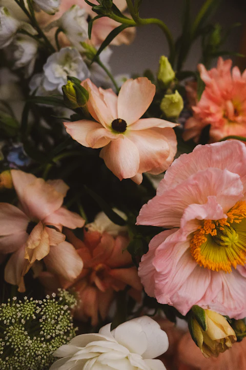 Peach and pink poppies in a mixed arrangement against a dark background