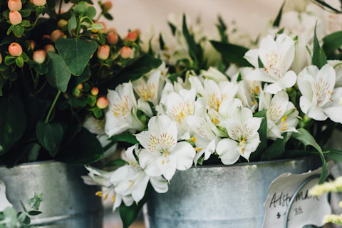 White alstroemeria and hypericum berries in metal buckets